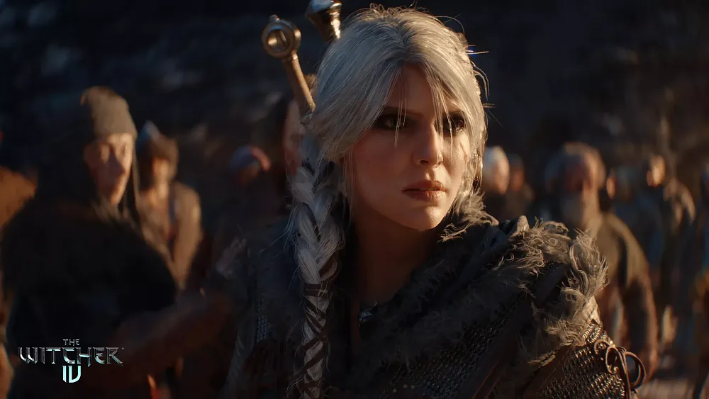 A silver-haired woman in leather and chainmail armor with two swords on her back.