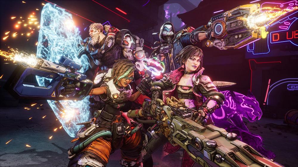 The four Vault Hunters posing with their backs to one another and their abilities primed and ready to attack unseen foes.