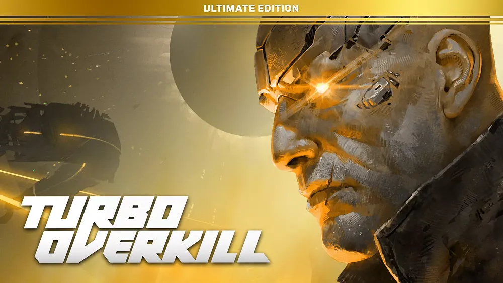 Key art with the title, Turbo Overkill: Ultimate Edition, and a menacing looking closeup of a man on the right side. The man has a glowing golden eye.