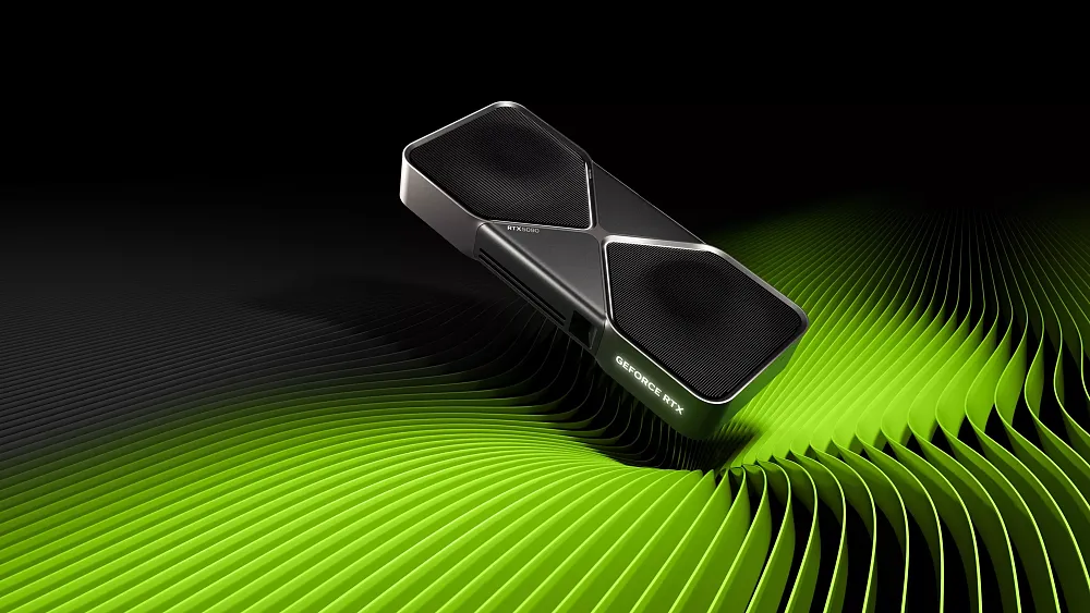 A render of an Nvidia GPU, RTX 5090, floating above a rippled green backdrop.