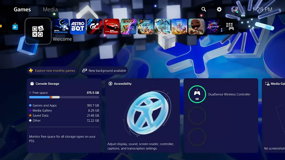 The PlayStation 5 home dashboard showing a user interface and various information about gameplay, installed games, and more information relevant to the user. In the background is a special anniversary theme based off of the PlayStation 2 user interface with a lot of floating blocks.