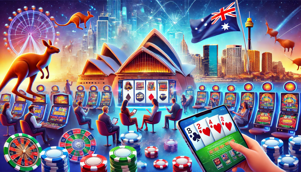 Various gambling machines and gambling imagery plus flying kangaroos and an AI generated version of an Australian city in the background.