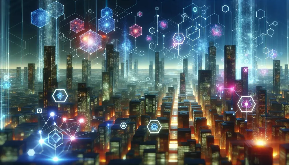 An AI generated cityscape with sparkly hexagonal shapes overlayed.