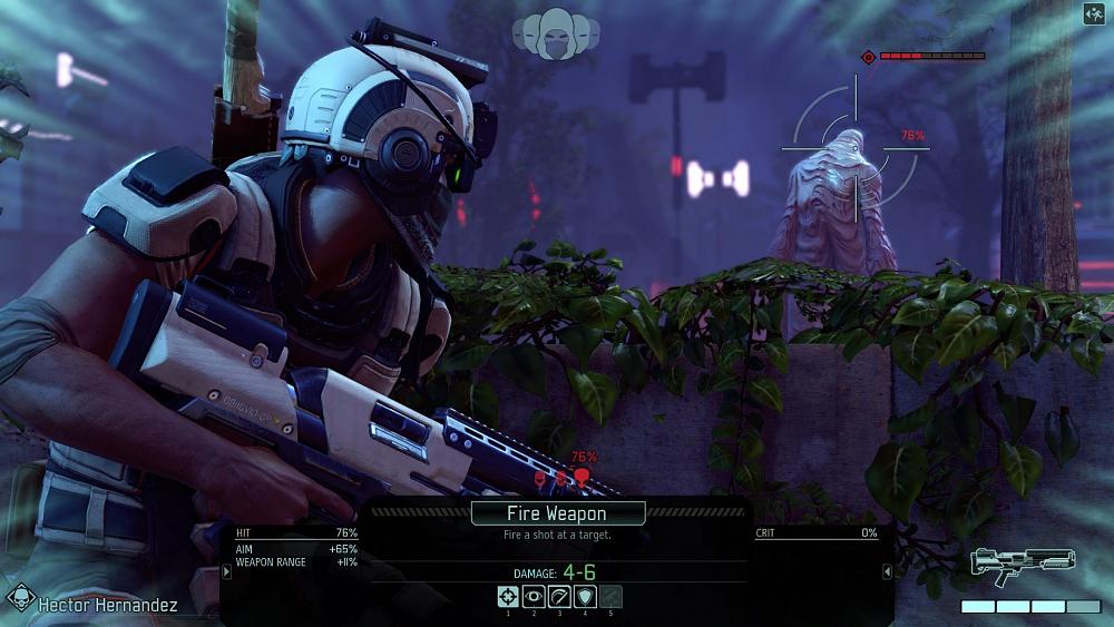 A soldier getting ready to fire upon an alien creature in XCOM 2.
