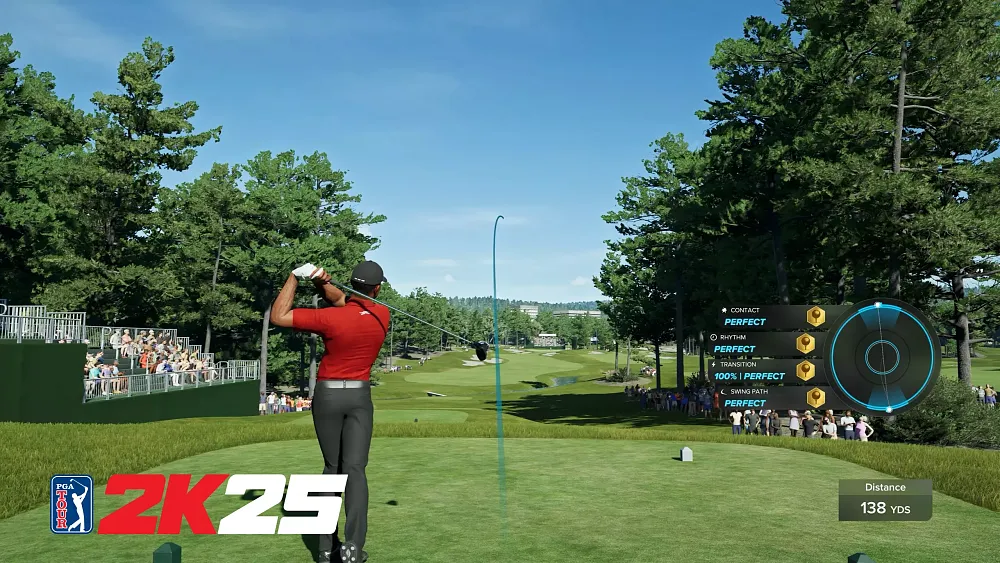 Screenshot from a golfing game showing the arc of a golf ball in flight after being struck by a golfer.