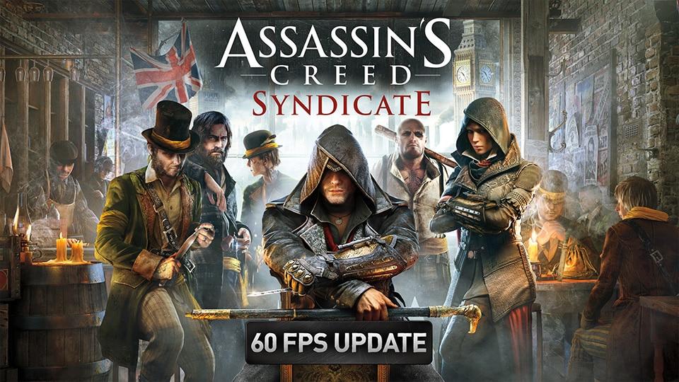 Art promoting a 60 FPS update for Assassin's Creed Syndicate showing various characters and NPCs in a London pub.