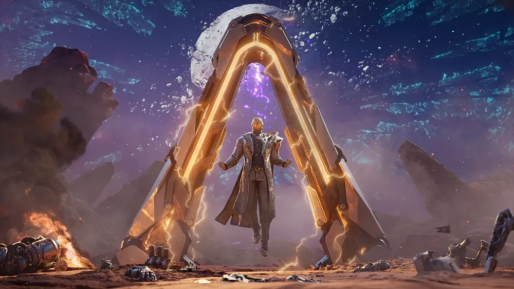 A man floating above the ground wearing a mask but looking angry. He is floating in front of the arch design common for the Borderlands games.