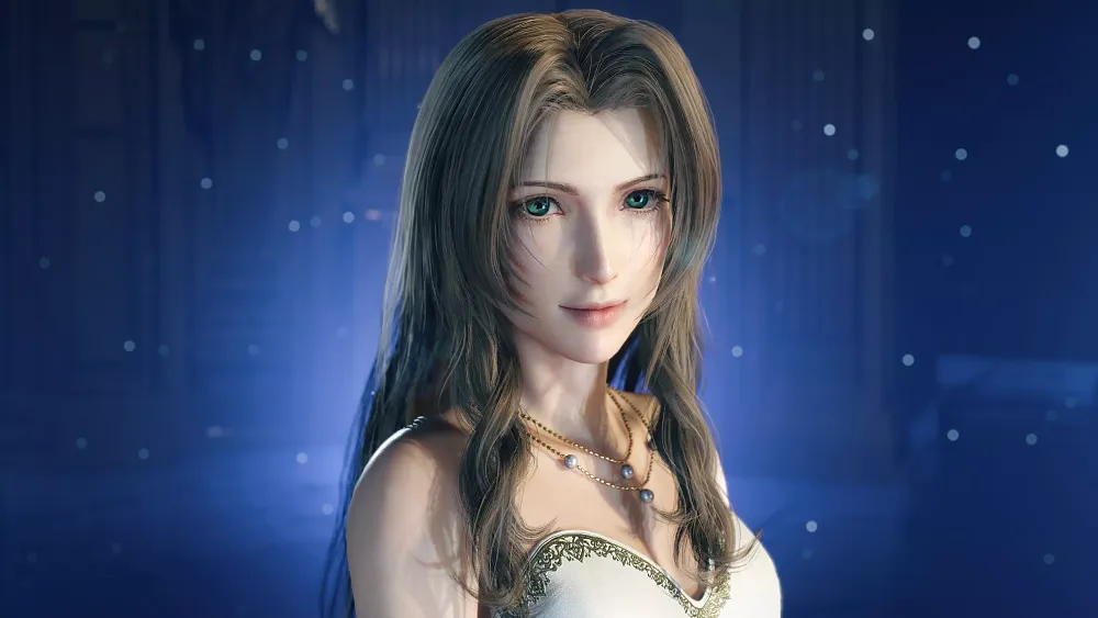 An image of Aerith, a woman with straight blonde hair and who is wearing a white dress.