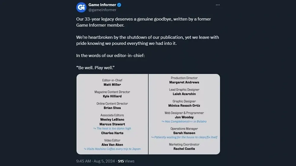 A now deleted message of farewell from a former Game Informer employee before parent company GameStop shutdown the studio and then proceeded to delete the Game Informer website, archives, and Twitter account.