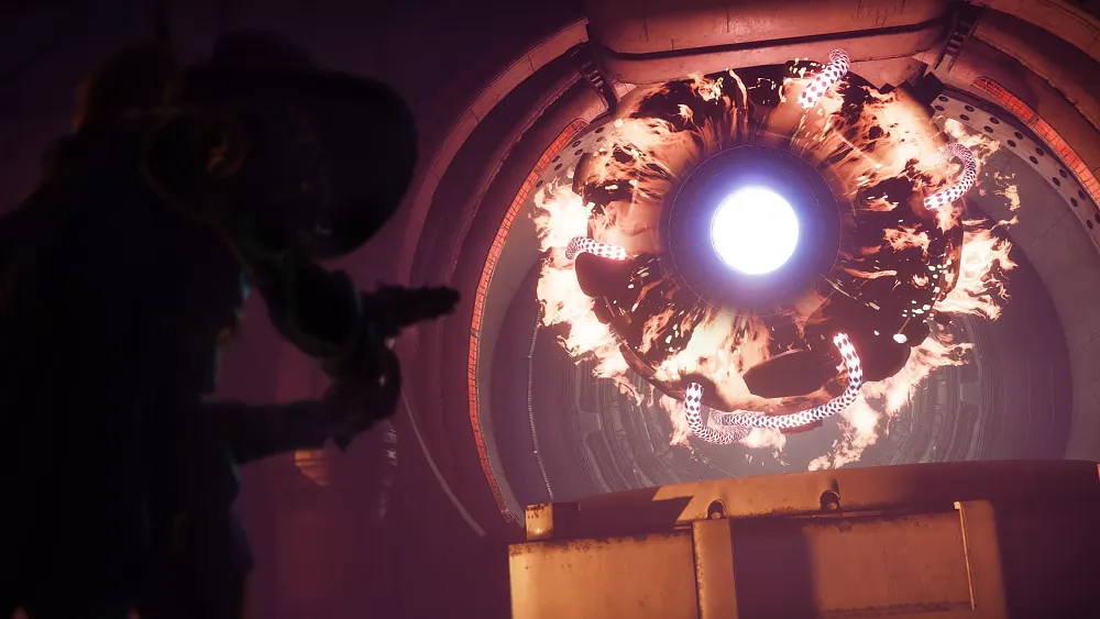 A Guardian facing off against a big flaming eyeball robot.