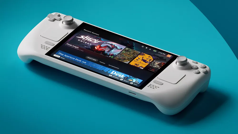 A photo of a white handheld PC called the Steam Deck.
