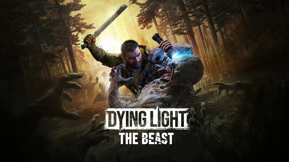 Text: Dying Light - The Beast. Image shows an angry man stabbing a zombie in the head with a knife as more zombies approach from behind in a watery forest scene.