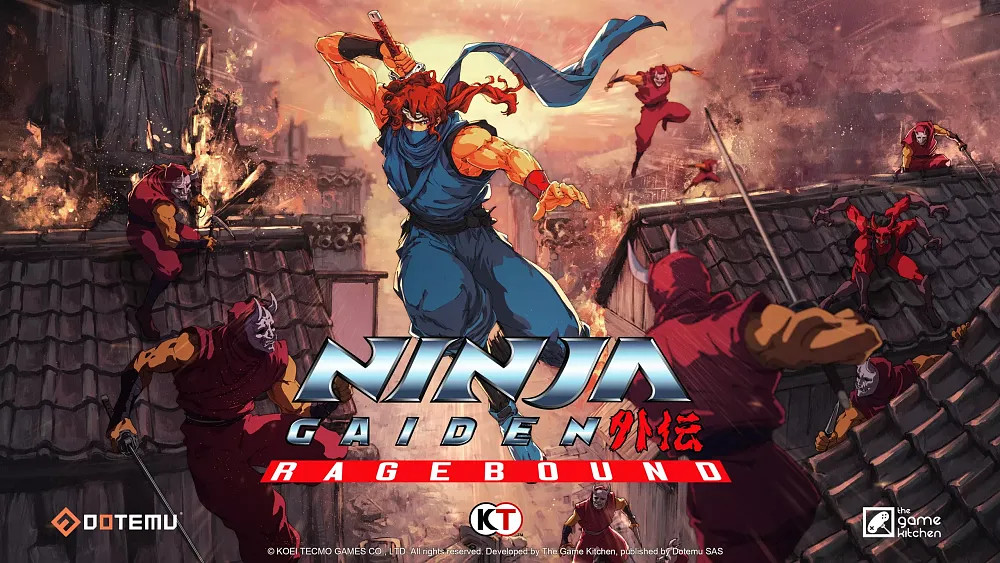 Text: Ninja Gaiden Ragebound and some copyright information. Image shows a ninja leaping over rooftops battling evil ninjas and demons.