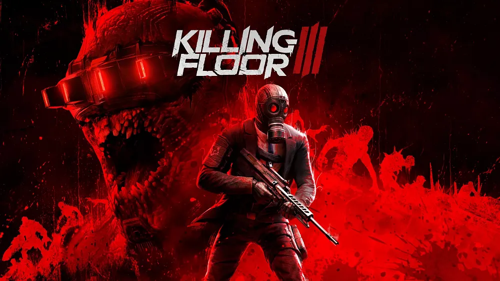 Text: Killing Floor 3. Image is a man in a suit and gas mask holding an assault rifle. In the back is an image of an angry mutated humanoid experiment.