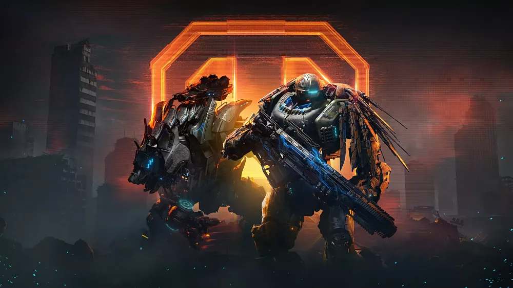 Key art showing a couple of stylized mechs with various weapons and plenty of steel armor standing in front of a stylized orange S logo for the game, Steel Hunters.