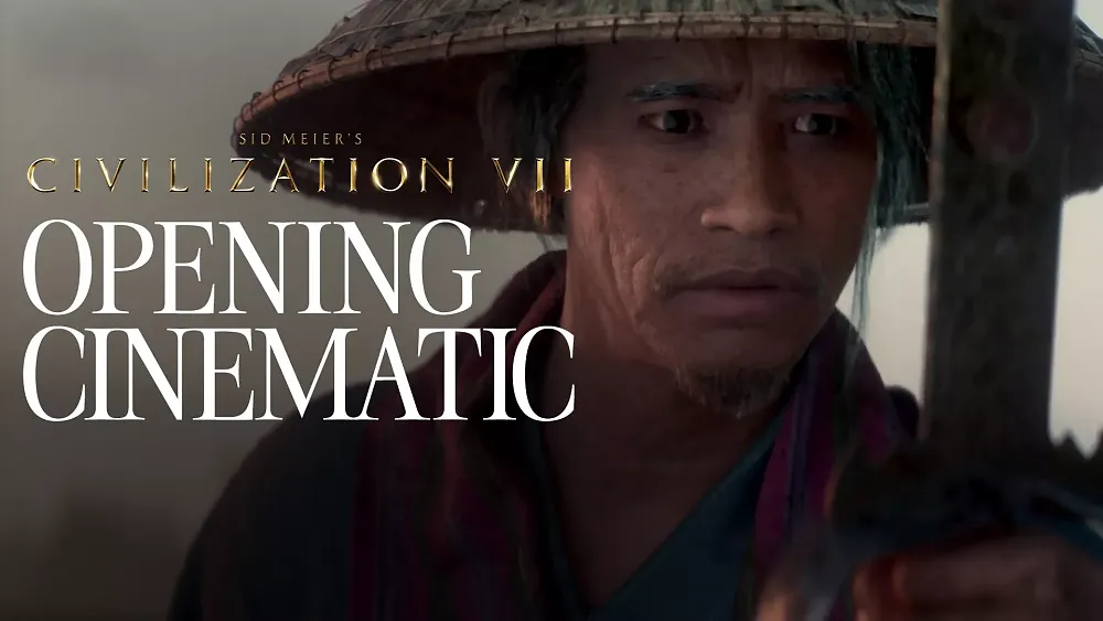 Text: Sid Meier's Civilization 7 Opening Cinematic. Image shows a confused looking man staring at an uncovered saber.