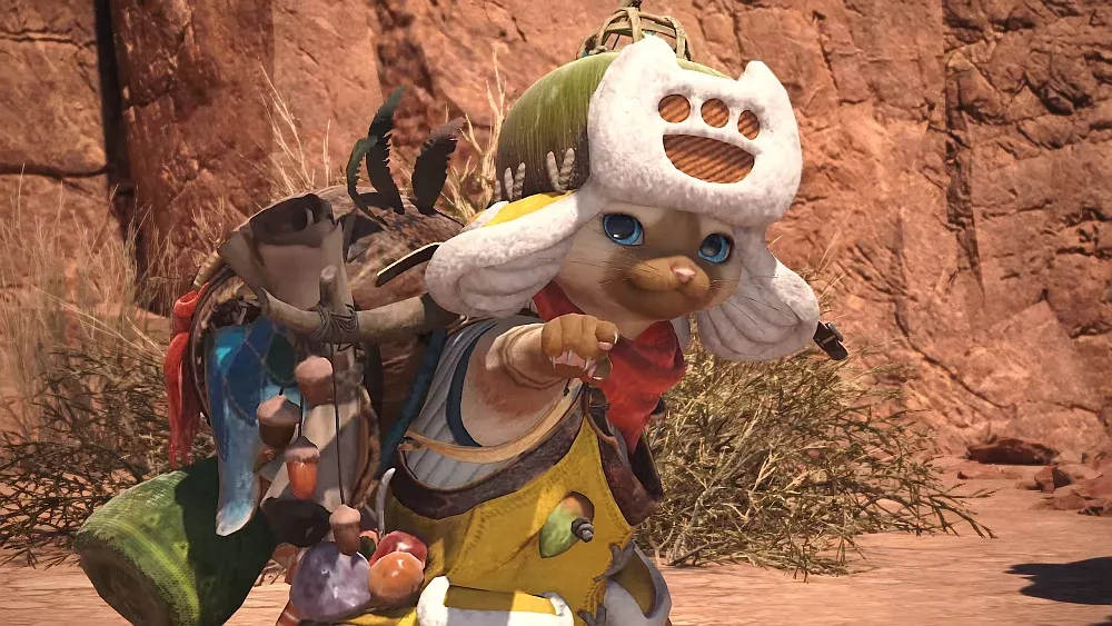 A Palico, a cat-like creature, dressed up and ready for adventure.