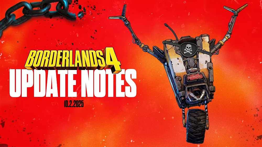 Image with a pirate ClapTrap from Borderlands. Text reads, Borderlands 4 update notes for October 2, 2025.