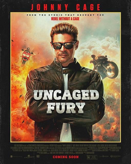 A fake film poster for Uncaged Fury, an in-universe film starring Mortal Kombat 2 character, Johnny Cage. Cage is played by real-life actor Karl Urban.