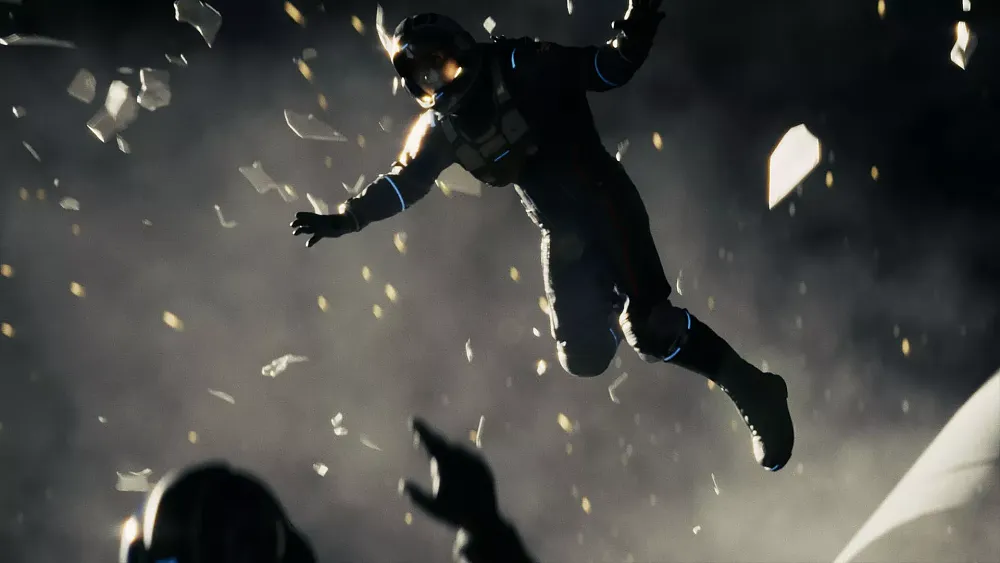 One astronaut in space getting blasted away from another astronaut that is reaching out towards them.
