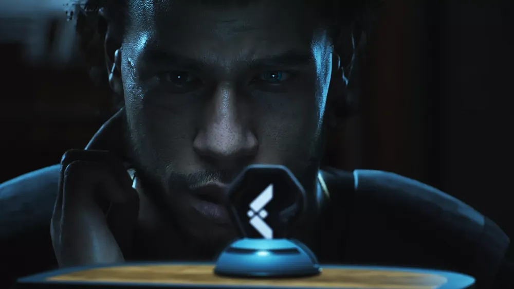 A man with some cybernetic implant in his eye looks at a snowglobe like item with some mysterious object inside.