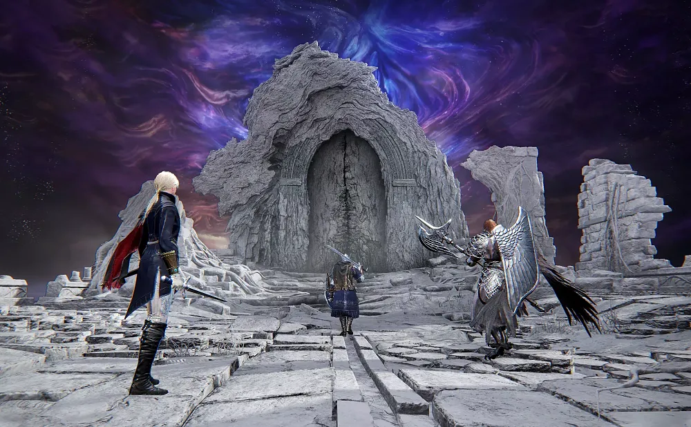 Three warriors in different sets of armor and gear approach a closed, large, stone door.