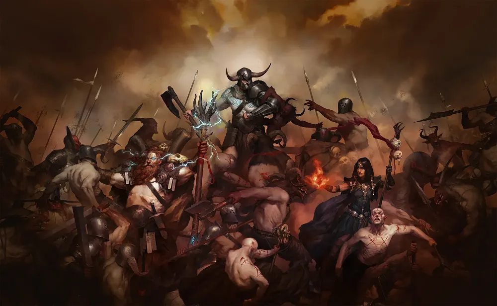 Key art showing the Diablo 4 heroes fighting off minions of hell.