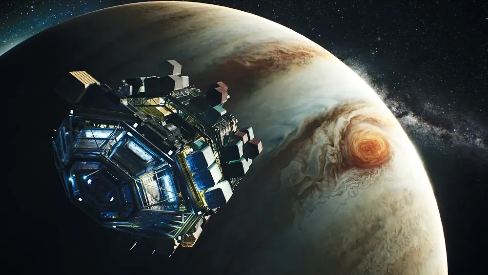 Art showing a spaceship and Jupiter from The Expanse: A Telltale Series.