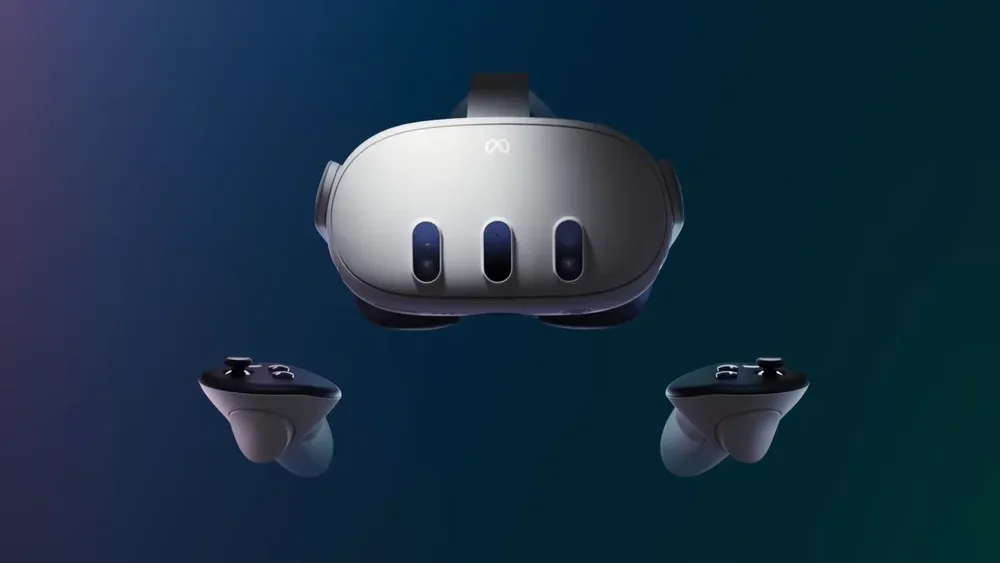 A render of the Meta Quest 3 VR headset and controllers.