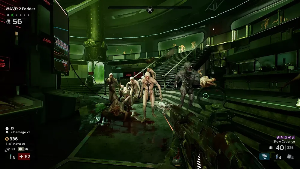 A horde of basic enemy Zeds both quadrupeds and bipedal human-like creatures, running towards the player.