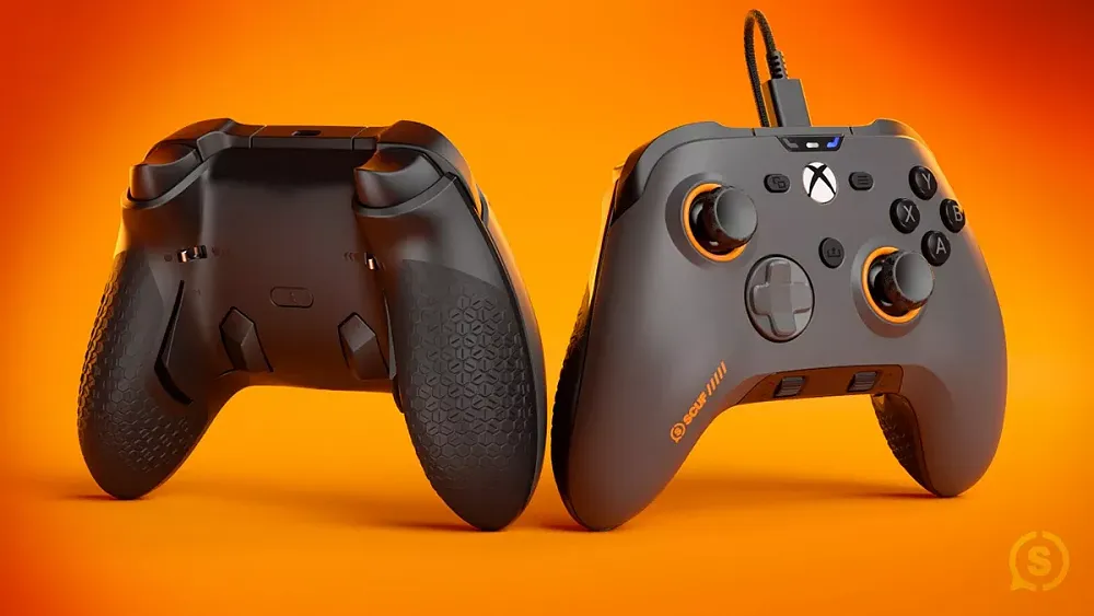 A back and front view of a dark grey video game controller with multiple buttons on both the front and back.