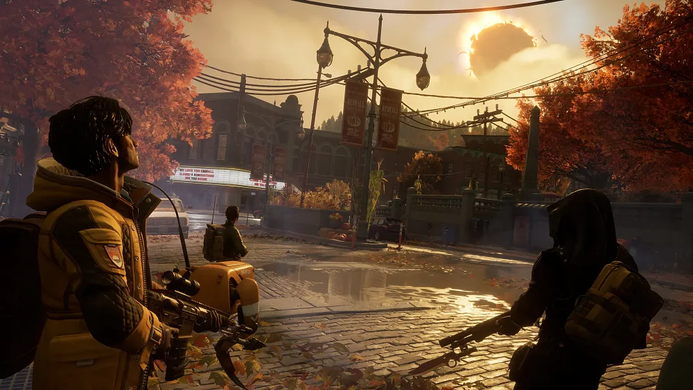 Screen from Redfall showing a few characters in a small town as the sun in the sky is turned black.