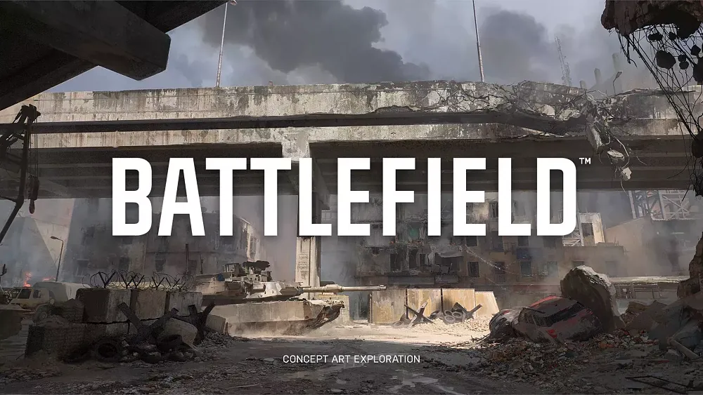 New concept art for the next Battlefield game set to arrive in 2025 or possibly 2026. It shows a ruined overpass, a tank rolling through a street, various barricades, a destroyed car, and some ruined middle-eastern style buildings in the background.