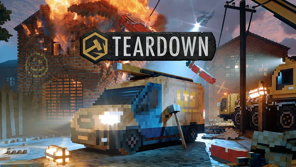 Van and town partially destroyed, all made of voxels.