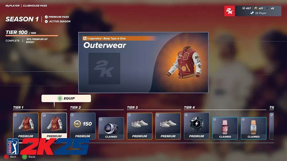 Image showing some of the seasonal items that players can unlock in PGA Tour 2K25 via the Clubhouse Pass, a season pass of cosmetics and items.