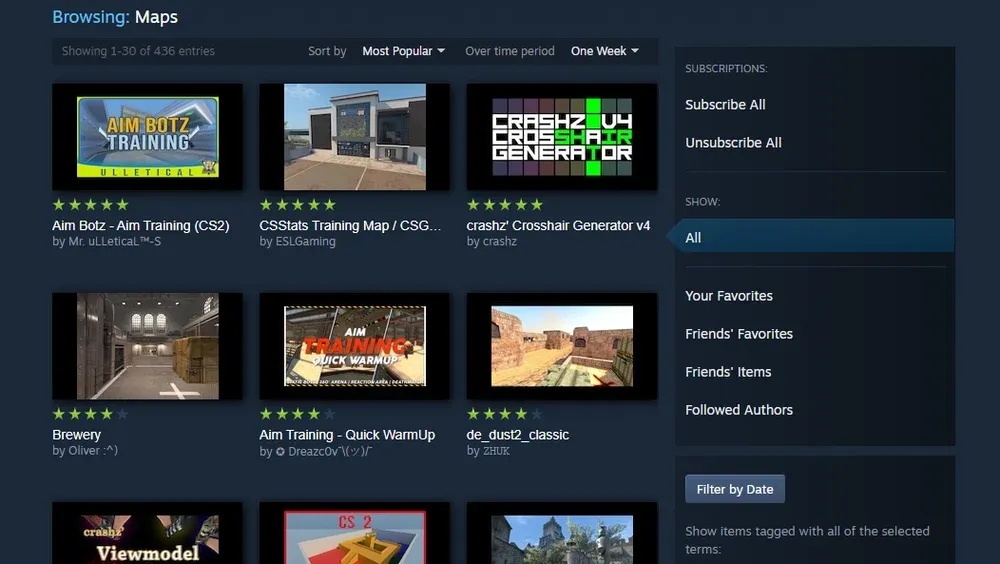 Screengrab of the Counter-Strike 2 custom maps in the Steam Workshop