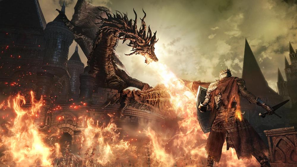 A dragon perched atop a stone castle breathing fire down at an armored knight holding a shield and sword