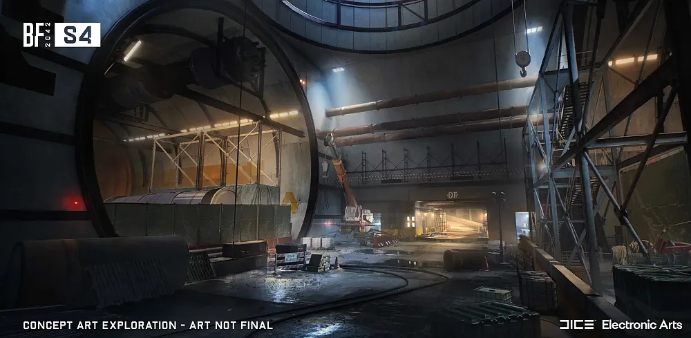 Concept art showing large underground tunnelways with construction equipment and scaffolding around