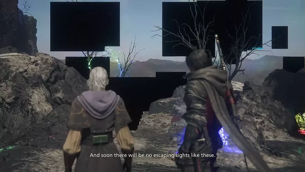 An image of broken visuals in Final Fantasy 16, showing large black square voids appearing in the environment.