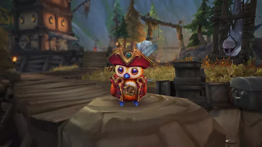 A tiny owl wearing a pirate outfit in World of Warcraft.