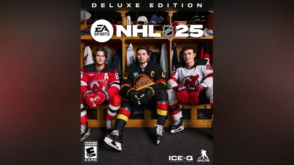 The cover for the Deluxe Edition of NHL 25 showing three brothers, all hockey players on professional NHL teams.