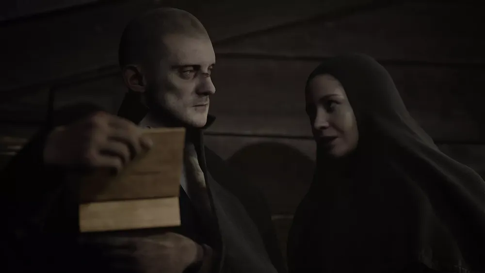 Two characters, one portraying the devil and one a nun, having a conversation.