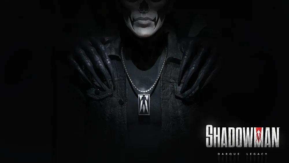 Image of a person in black wearing skull-like face paint with long black hands on his shoulders from behind.