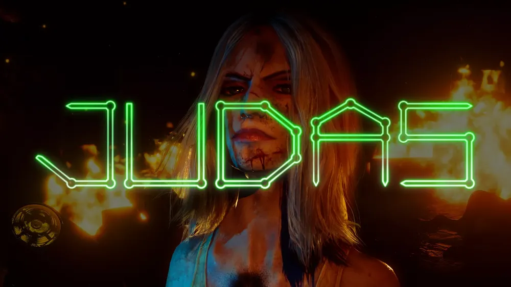 A bloody, dirty but tough woman with the title "Judas" overlayed.