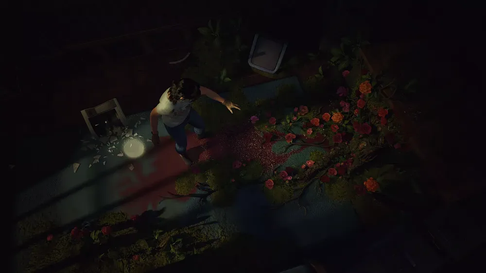 A screenshot of a dark environment showing a woman cautiously approaching an overgrowth of flowers and plants inside of a building.