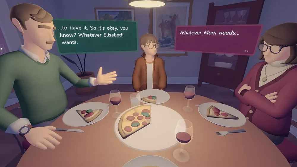 A dinner scene showing two adults talking about the situation with you, the player, a character who is suffering from Alzheimer's disease.