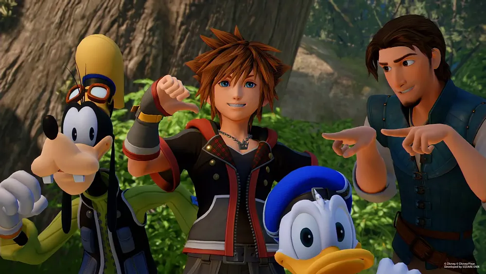Screenshot showing Goofy, Sora, Donald, and some guy from Tangled in a screenshot from Kingdom Hearts 3.