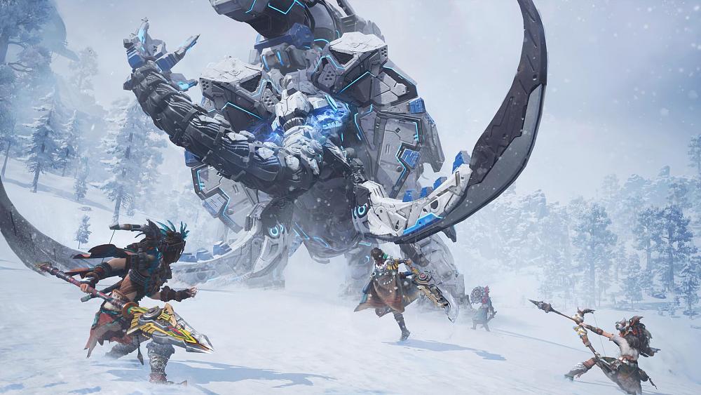 Screenshot of three people fighting a giant mechanical beast with a long nose and tusks that looks really damn close to something out of the Horizon franchise.