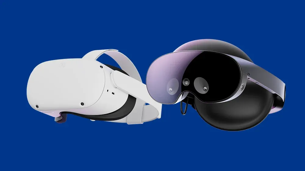 Images of VR devices the Meta Quest 2 and Meta Quest Pro.