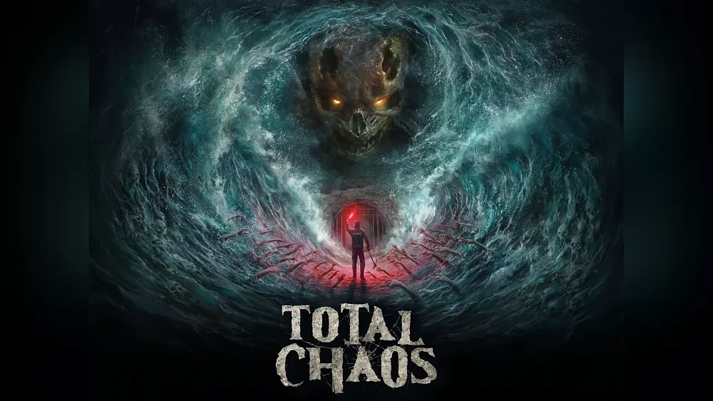 The title, Total Chaos, is shown. The image shows a man standing holding up a flare. He is standing in the middle of an ocean water tunnel with hands reaching out towards him. Looming above is a demonic face.